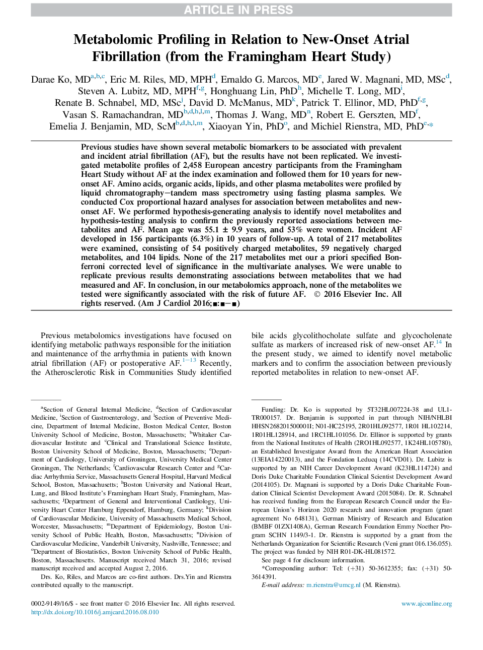 Metabolomic Profiling in Relation to New-Onset Atrial Fibrillation (from the Framingham Heart Study)