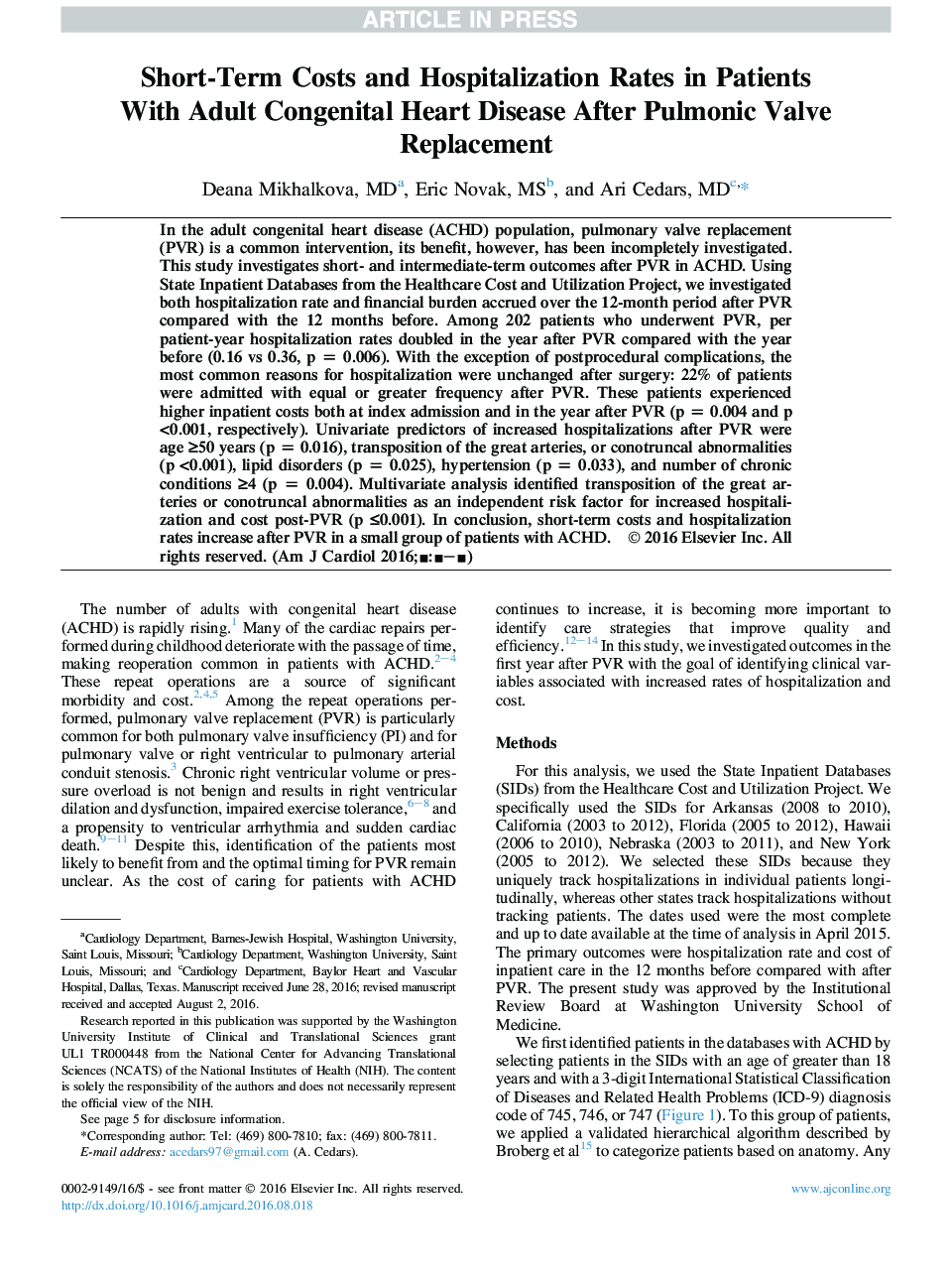 Short-Term Costs and Hospitalization Rates in Patients With Adult Congenital Heart Disease After Pulmonic Valve Replacement