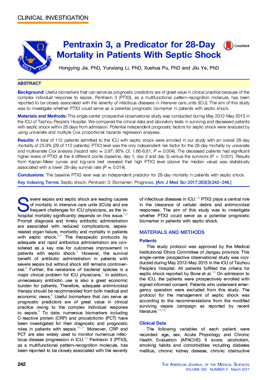 Pentraxin 3, a Predicator for 28-Day Mortality in Patients With Septic Shock