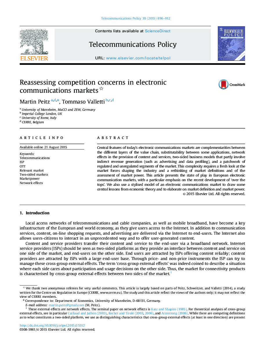 Reassessing competition concerns in electronic communications markets 