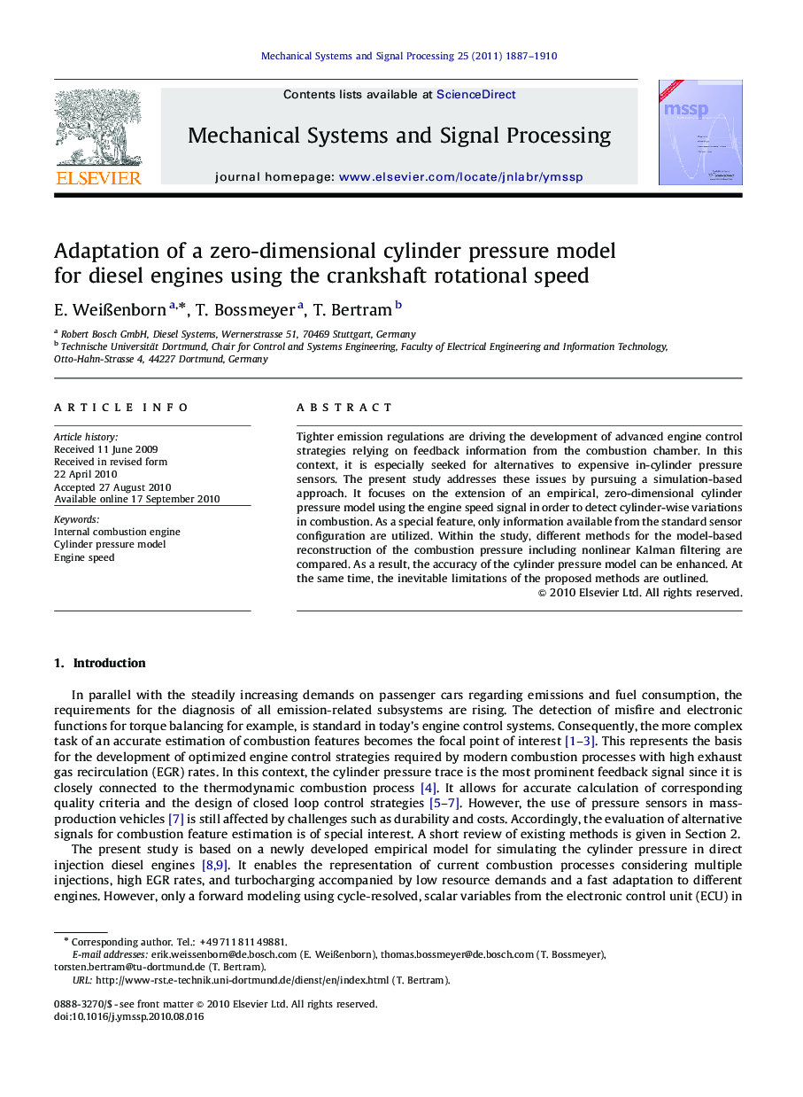 Adaptation of a zero-dimensional cylinder pressure model for diesel engines using the crankshaft rotational speed