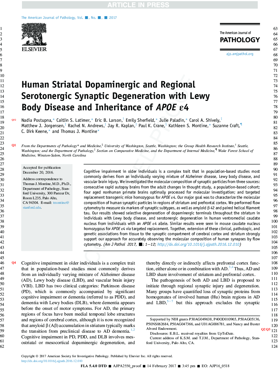 Human Striatal Dopaminergic and Regional Serotonergic Synaptic Degeneration with Lewy Body Disease and Inheritance of APOE Îµ4