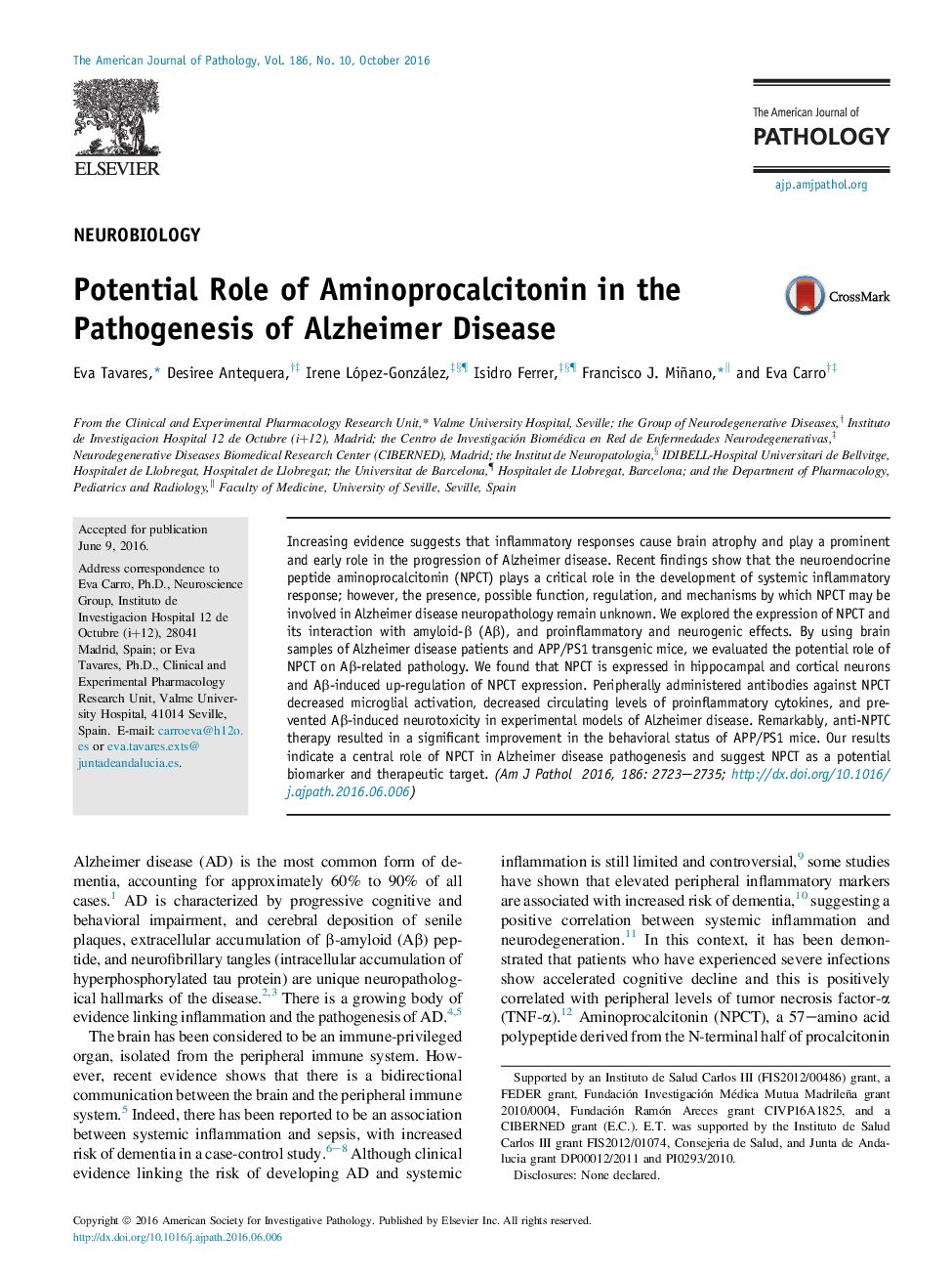 Regular articleNeurobiologyPotential Role of Aminoprocalcitonin in the Pathogenesis of Alzheimer Disease