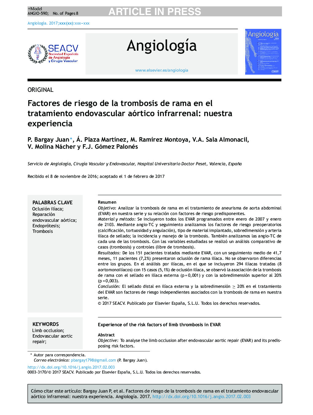 Factores de riesgo de la trombosis de rama en el tratamiento endovascular aórtico infrarrenal: nuestra experiencia