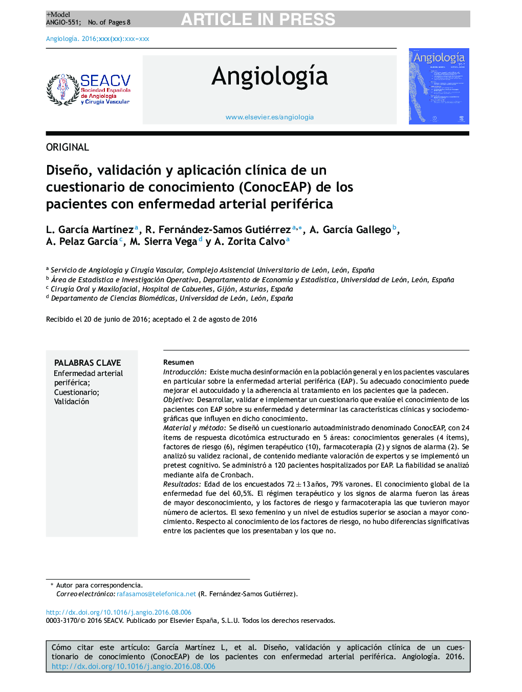 Diseño, validación y aplicación clÃ­nica de un cuestionario de conocimiento (ConocEAP) de los pacientes con enfermedad arterial periférica