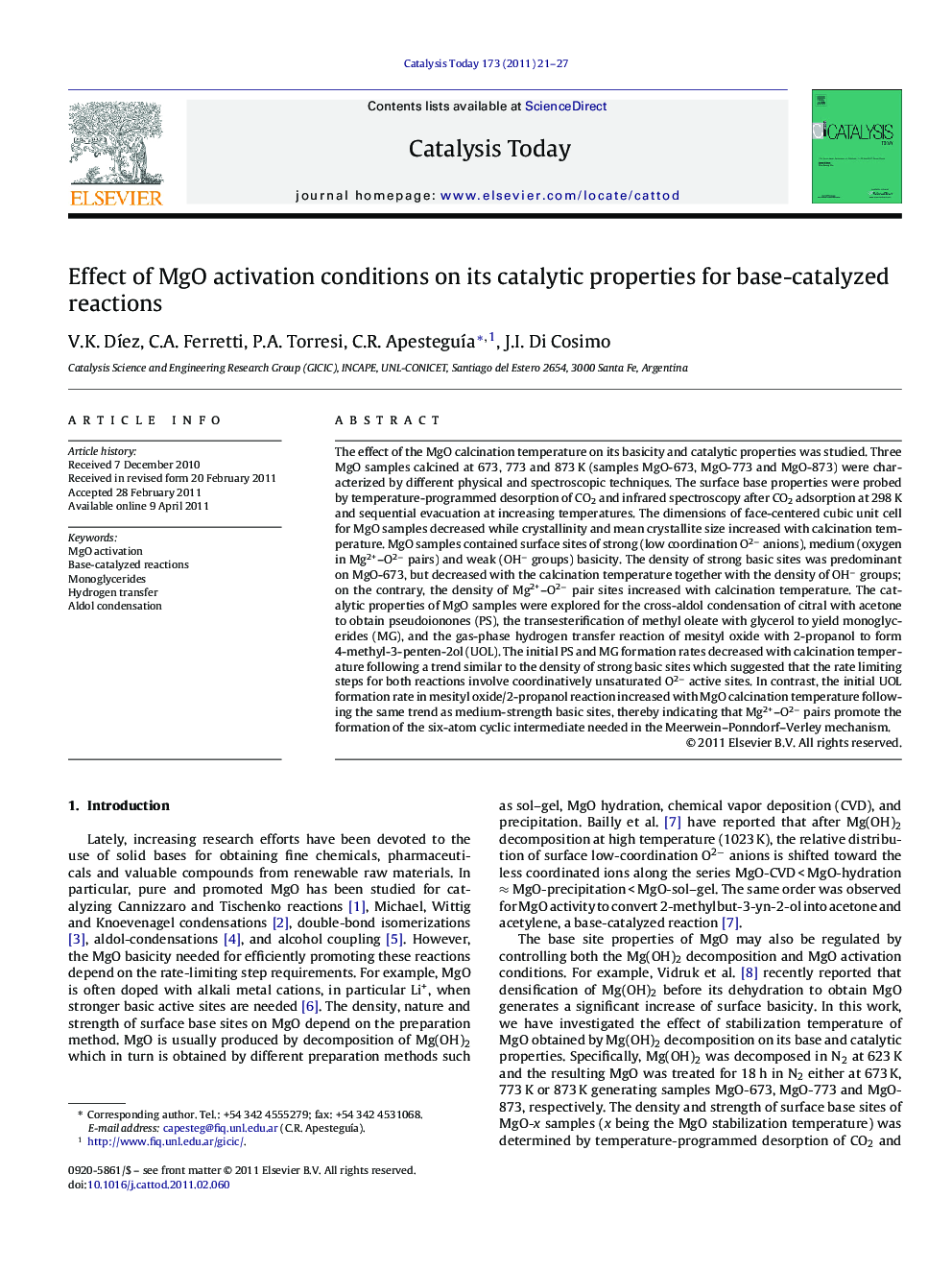 Effect of MgO activation conditions on its catalytic properties for base-catalyzed reactions