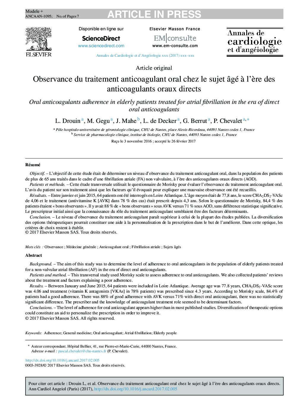 Observance du traitement anticoagulant oral chez le sujet Ã¢gé Ã  l'Ã¨re des anticoagulants oraux directs