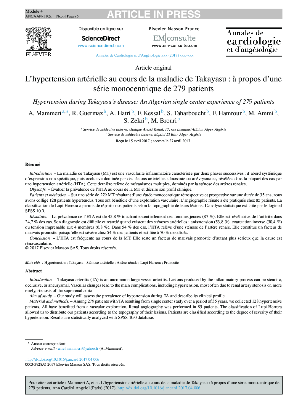 L'hypertension artérielle au cours de la maladie de TakayasuÂ : Ã  propos d'une série monocentrique de 279Â patients