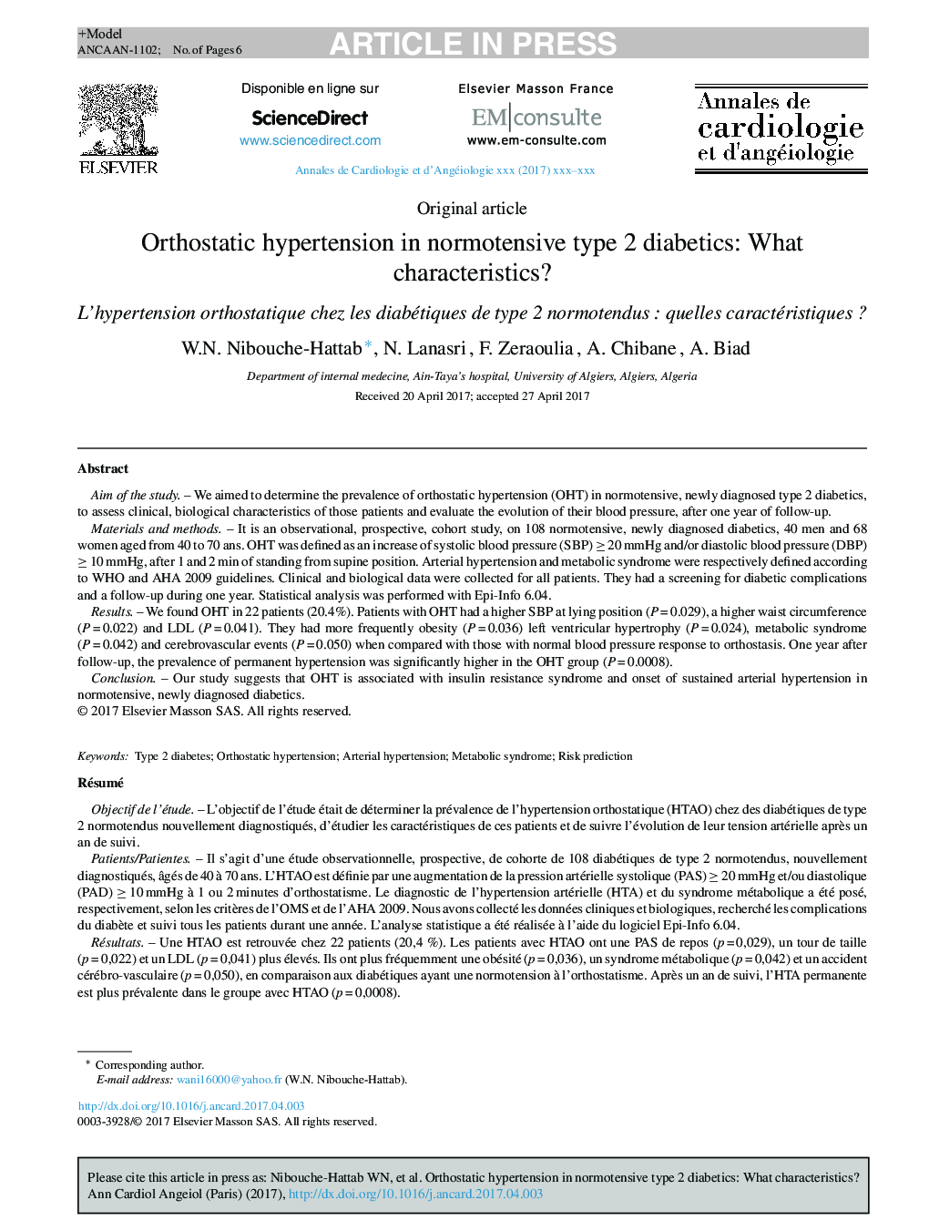 Orthostatic hypertension in normotensive type 2 diabetics: What characteristics?