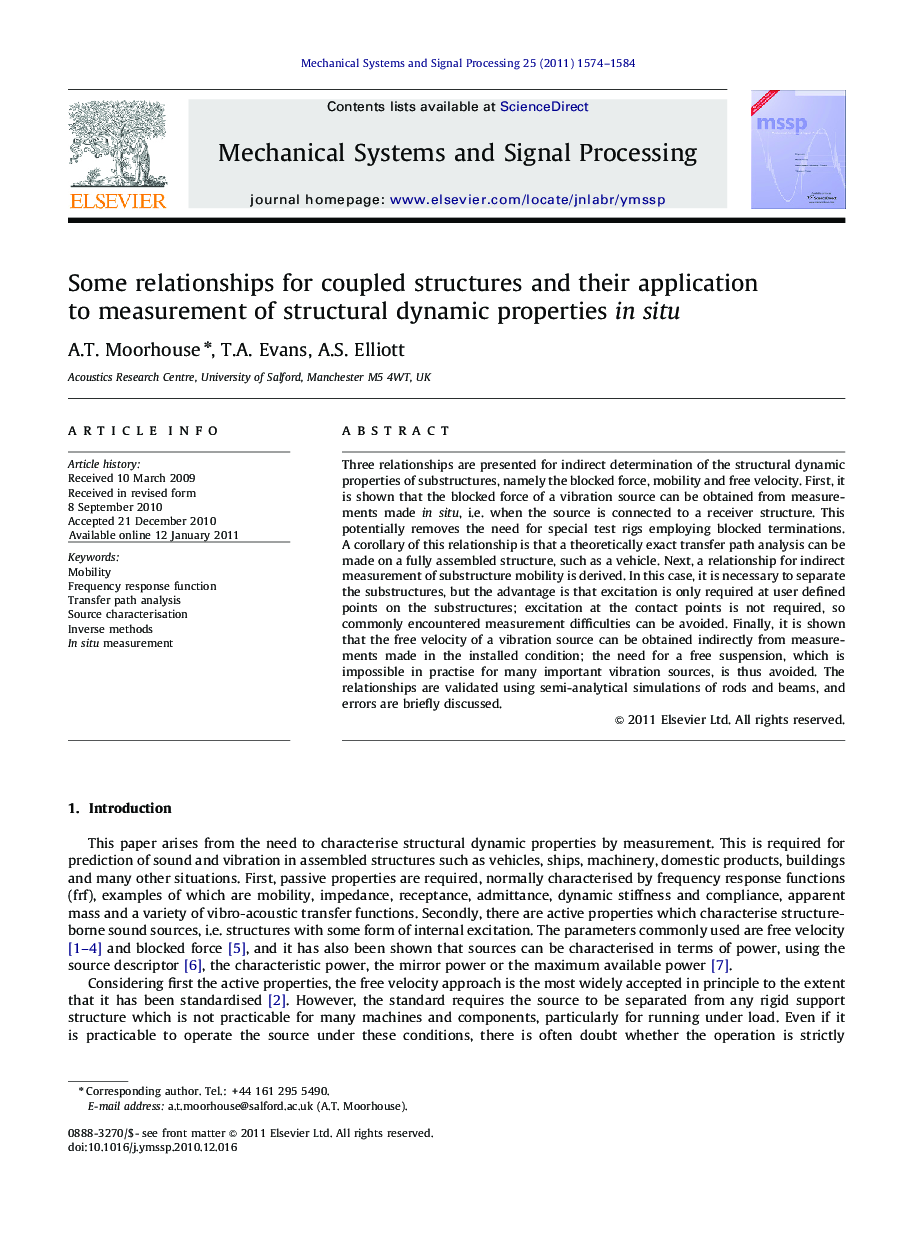 Some relationships for coupled structures and their application to measurement of structural dynamic properties in situ