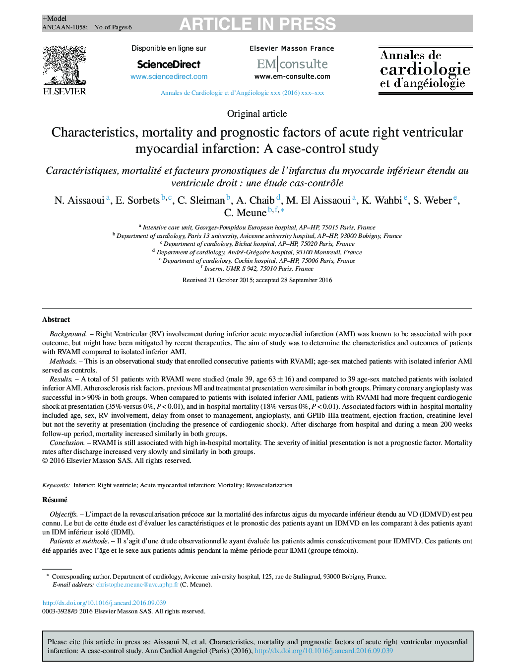 Characteristics, mortality and prognostic factors of acute right ventricular myocardial infarction: A case-control study