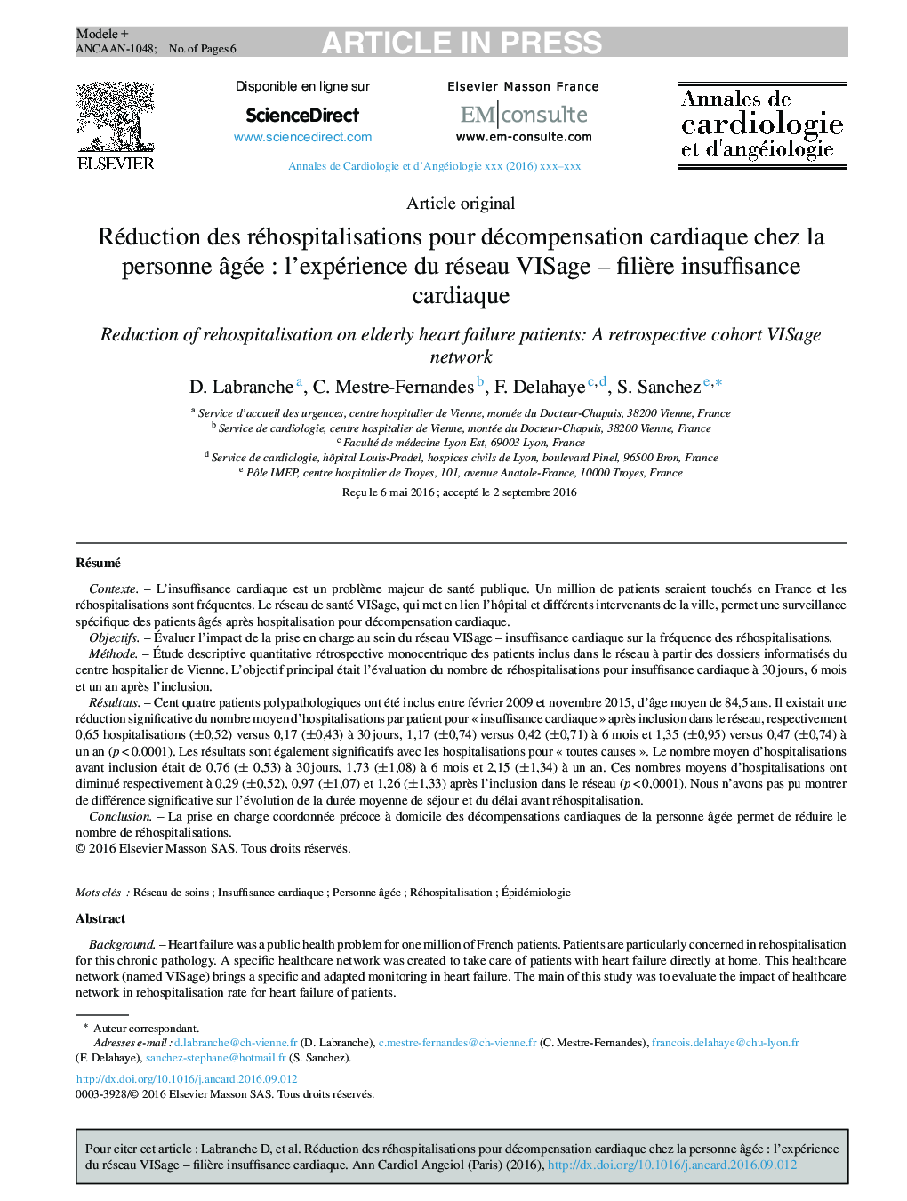 Réduction des réhospitalisations pour décompensation cardiaque chez la personne Ã¢géeÂ : l'expérience du réseau VISageÂ -Â filiÃ¨re insuffisance cardiaque