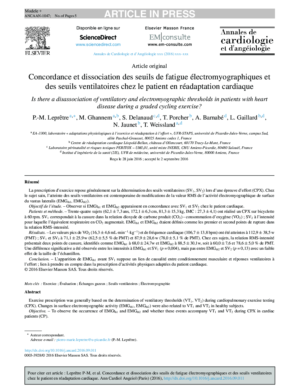 Concordance et dissociation des seuils de fatigue électromyographiques et des seuils ventilatoires chez le patient en réadaptation cardiaque