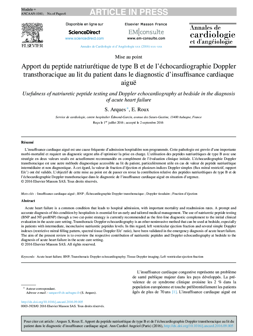 Apport du peptide natriurétique de type B et de l'échocardiographie Doppler transthoracique au lit du patient dans le diagnostic d'insuffisance cardiaque aiguë