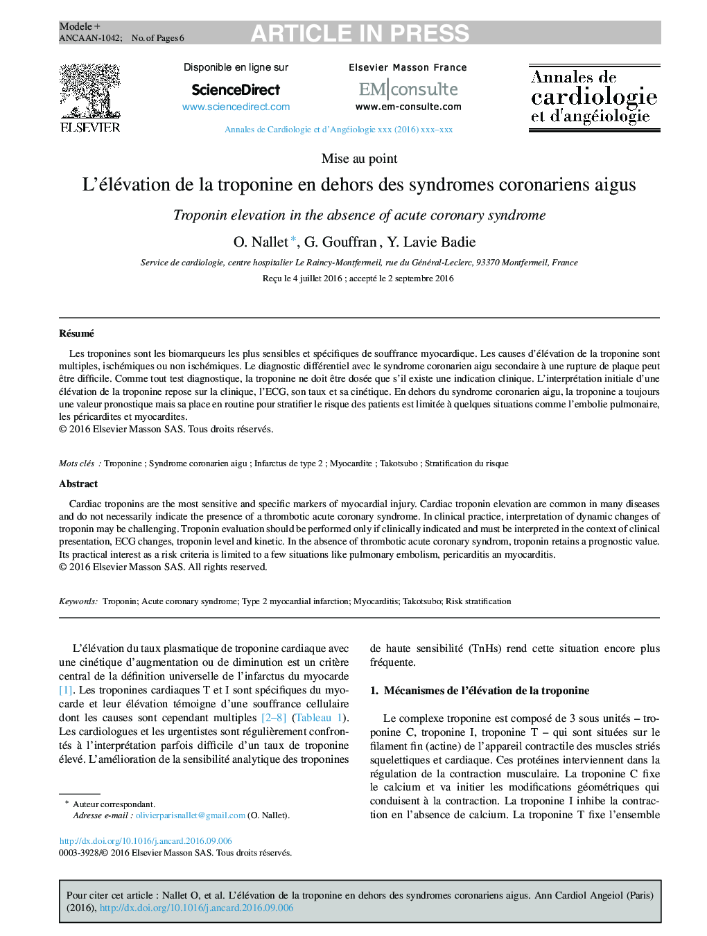 L'élévation de la troponine en dehors des syndromes coronariens aigus