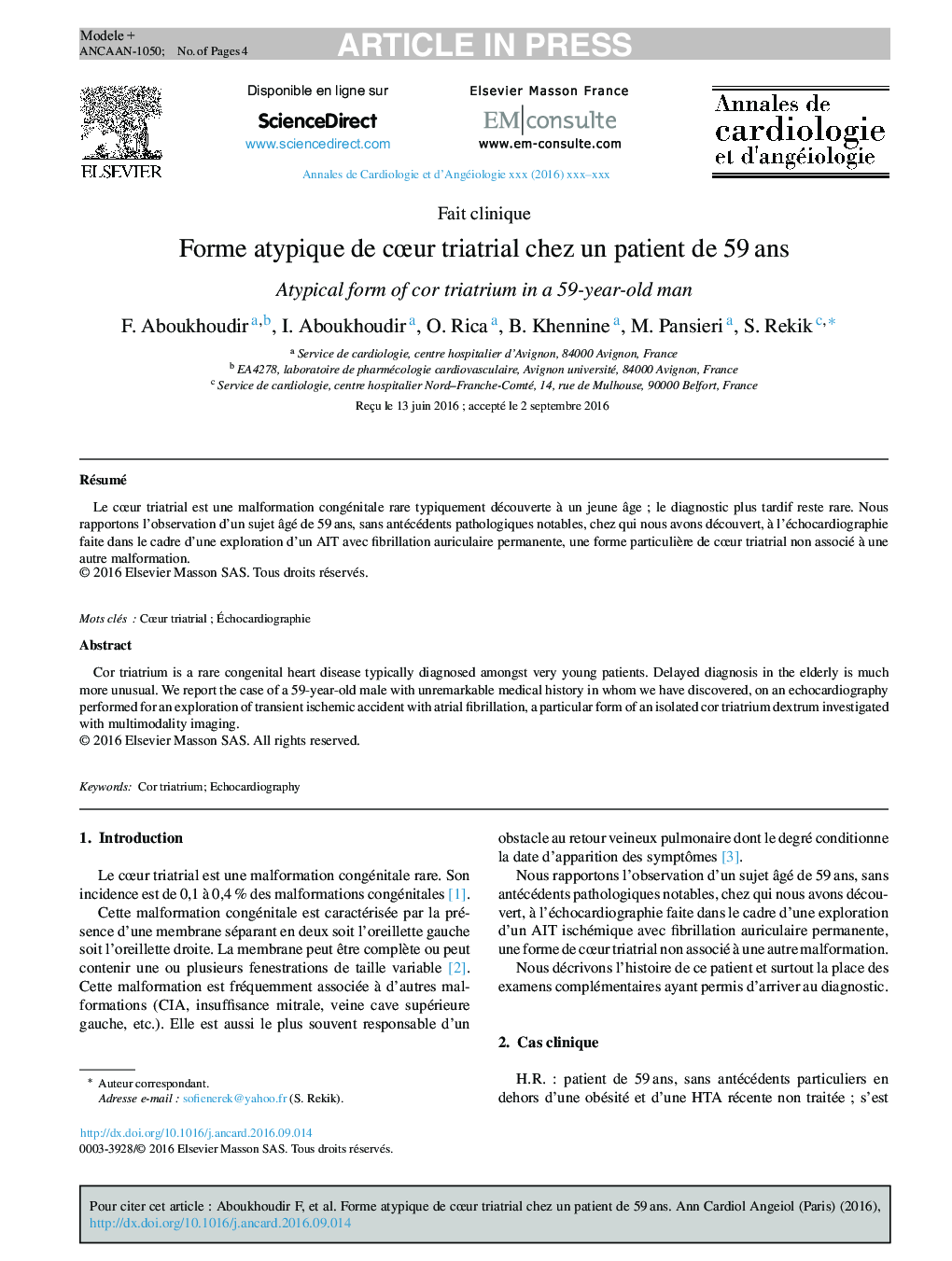 Forme atypique de cÅur triatrial chez un patient de 59Â ans