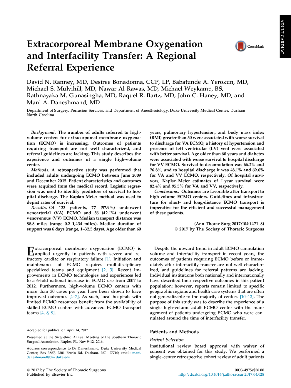 Extracorporeal Membrane Oxygenation and Interfacility Transfer: A Regional Referral Experience