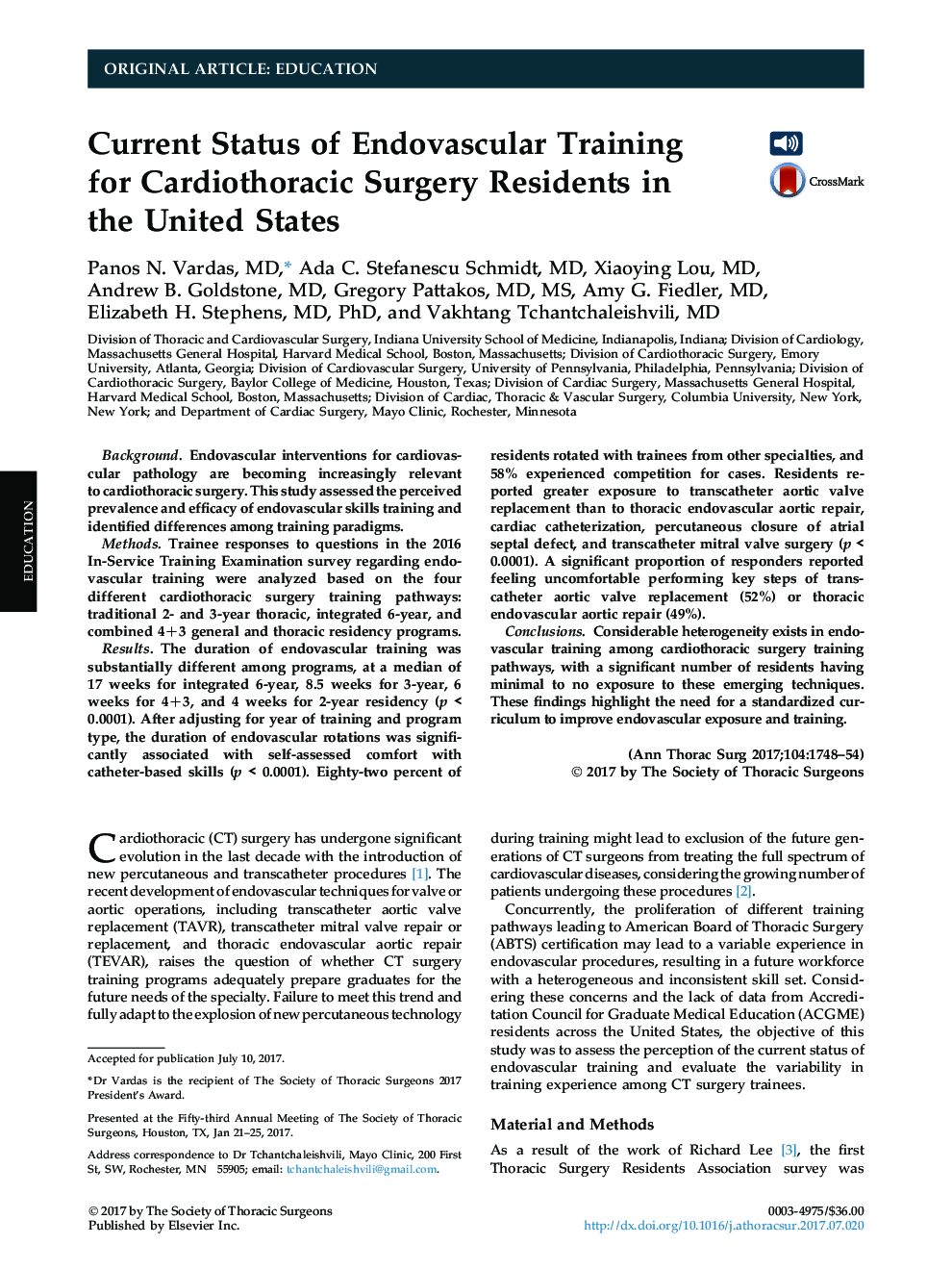Current Status of Endovascular Training for Cardiothoracic Surgery Residents in the United States