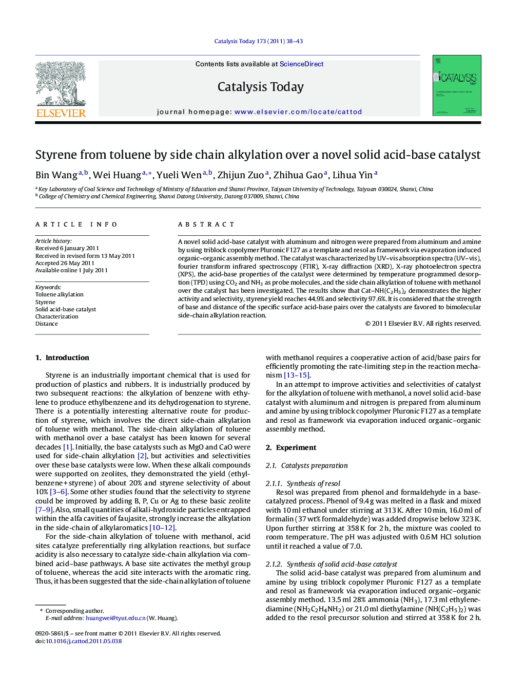 Styrene from toluene by side chain alkylation over a novel solid acid-base catalyst