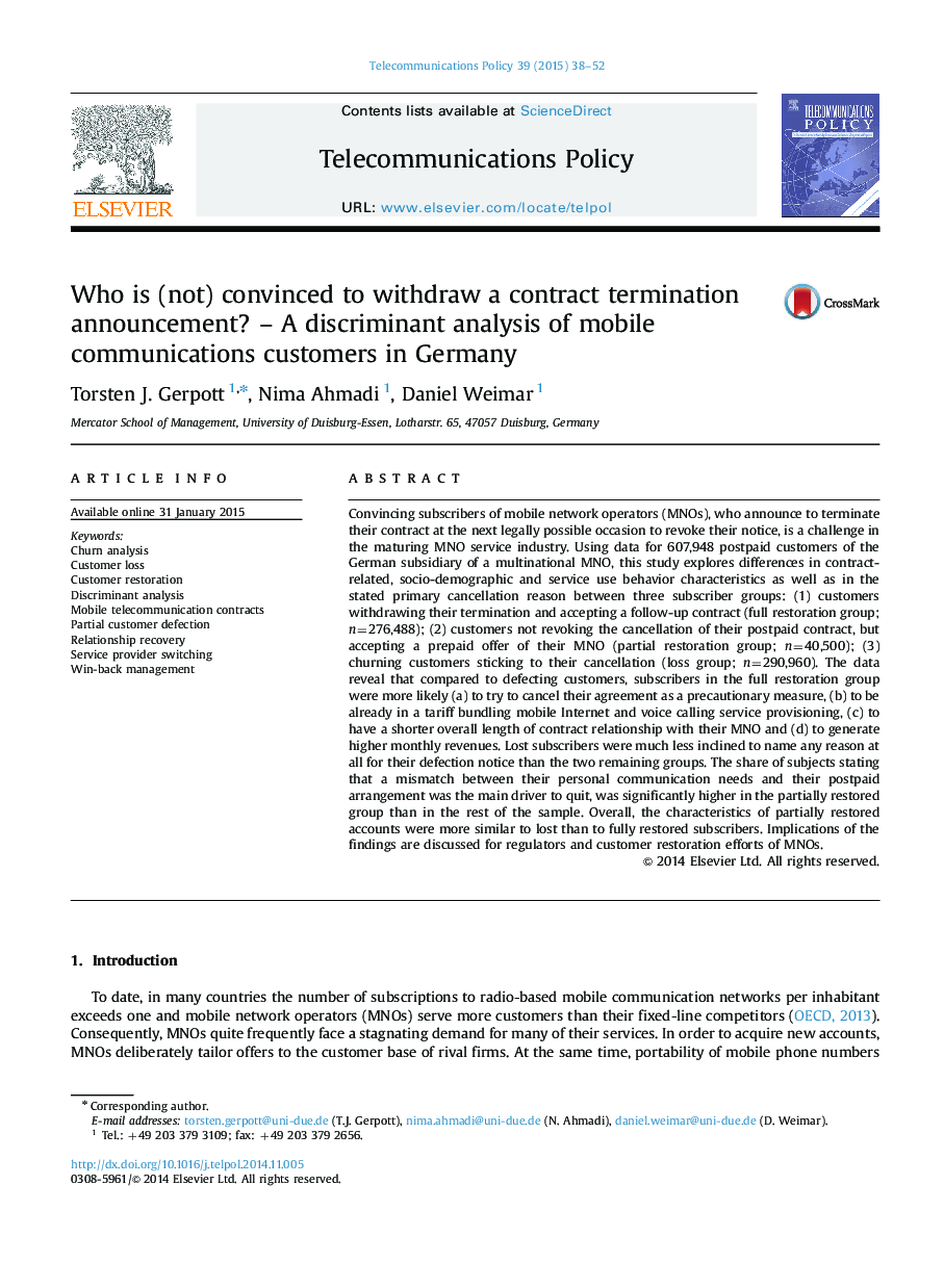 Who is (not) convinced to withdraw a contract termination announcement? – A discriminant analysis of mobile communications customers in Germany
