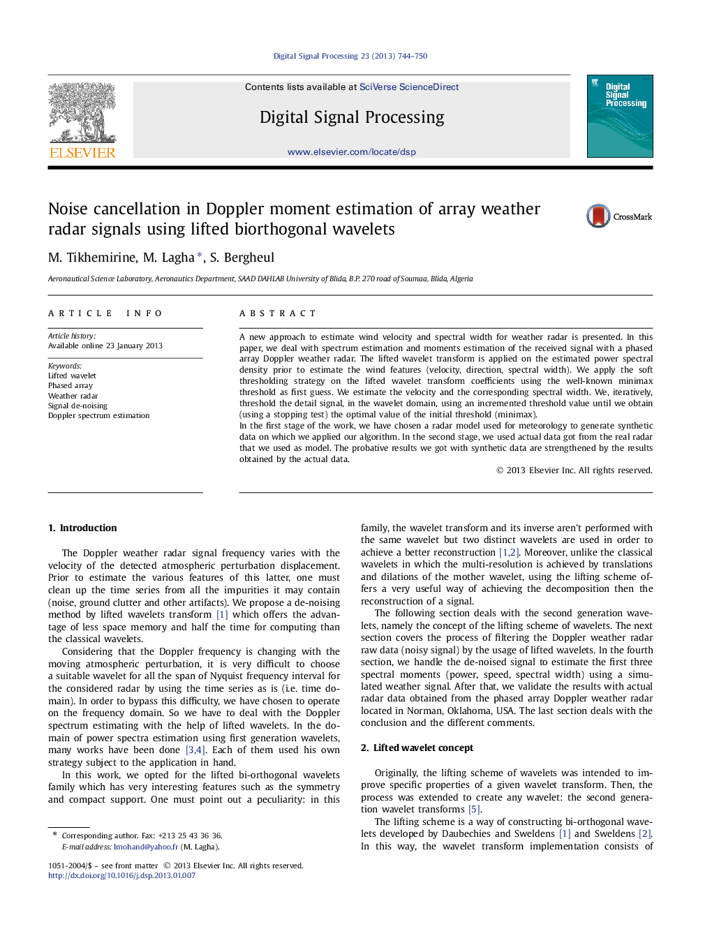 Noise cancellation in Doppler moment estimation of array weather radar signals using lifted biorthogonal wavelets