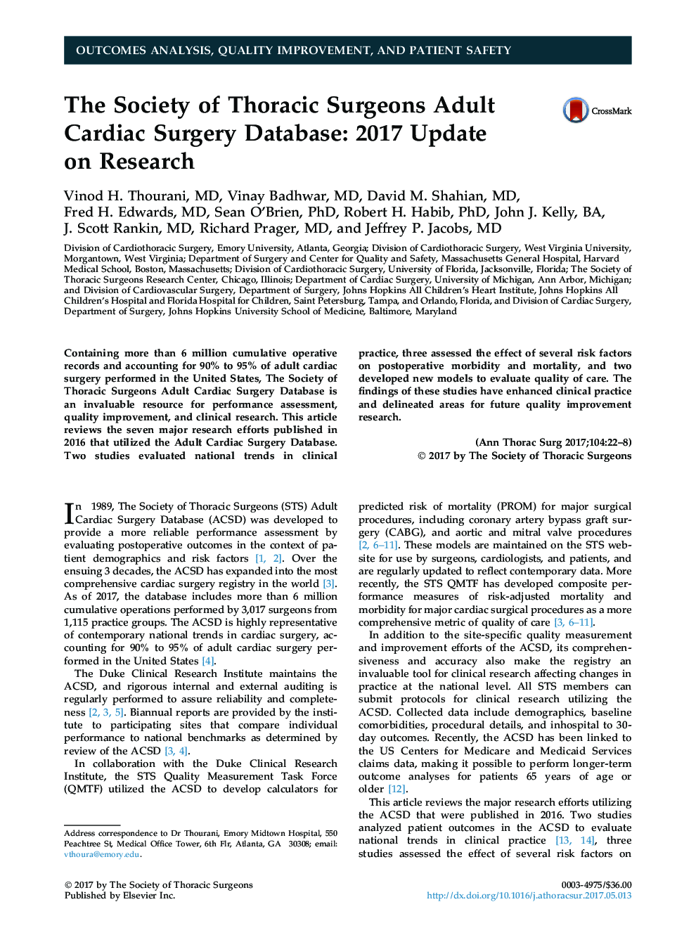 The Society of Thoracic Surgeons Adult Cardiac Surgery Database: 2017 Update onÂ Research