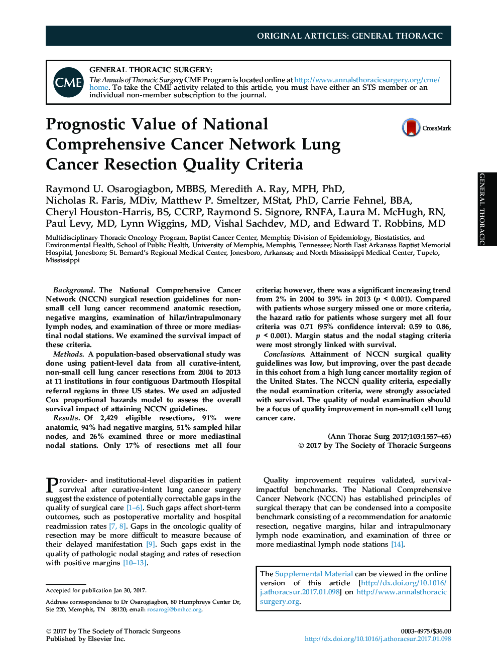 Original articleGeneral thoracicPrognostic Value of National Comprehensive Cancer Network Lung Cancer Resection Quality Criteria