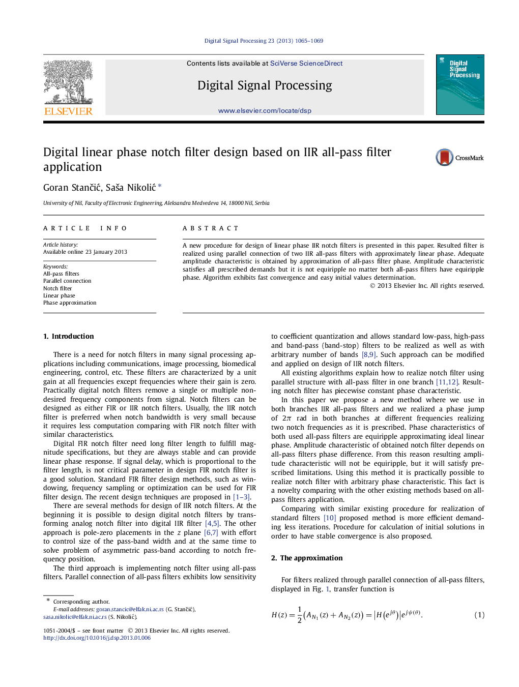 Digital linear phase notch filter design based on IIR all-pass filter application