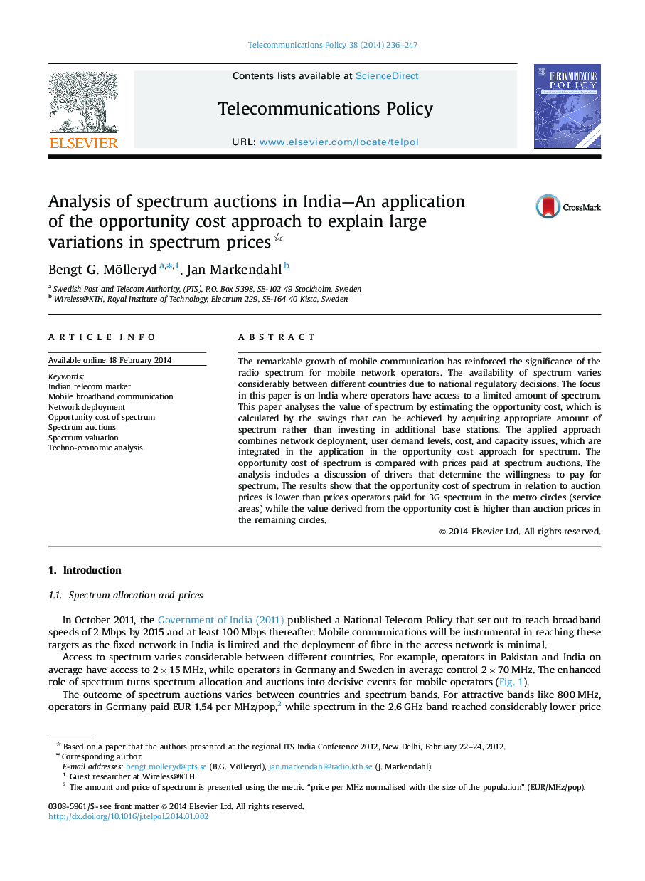 Analysis of spectrum auctions in India—An application of the opportunity cost approach to explain large variations in spectrum prices 