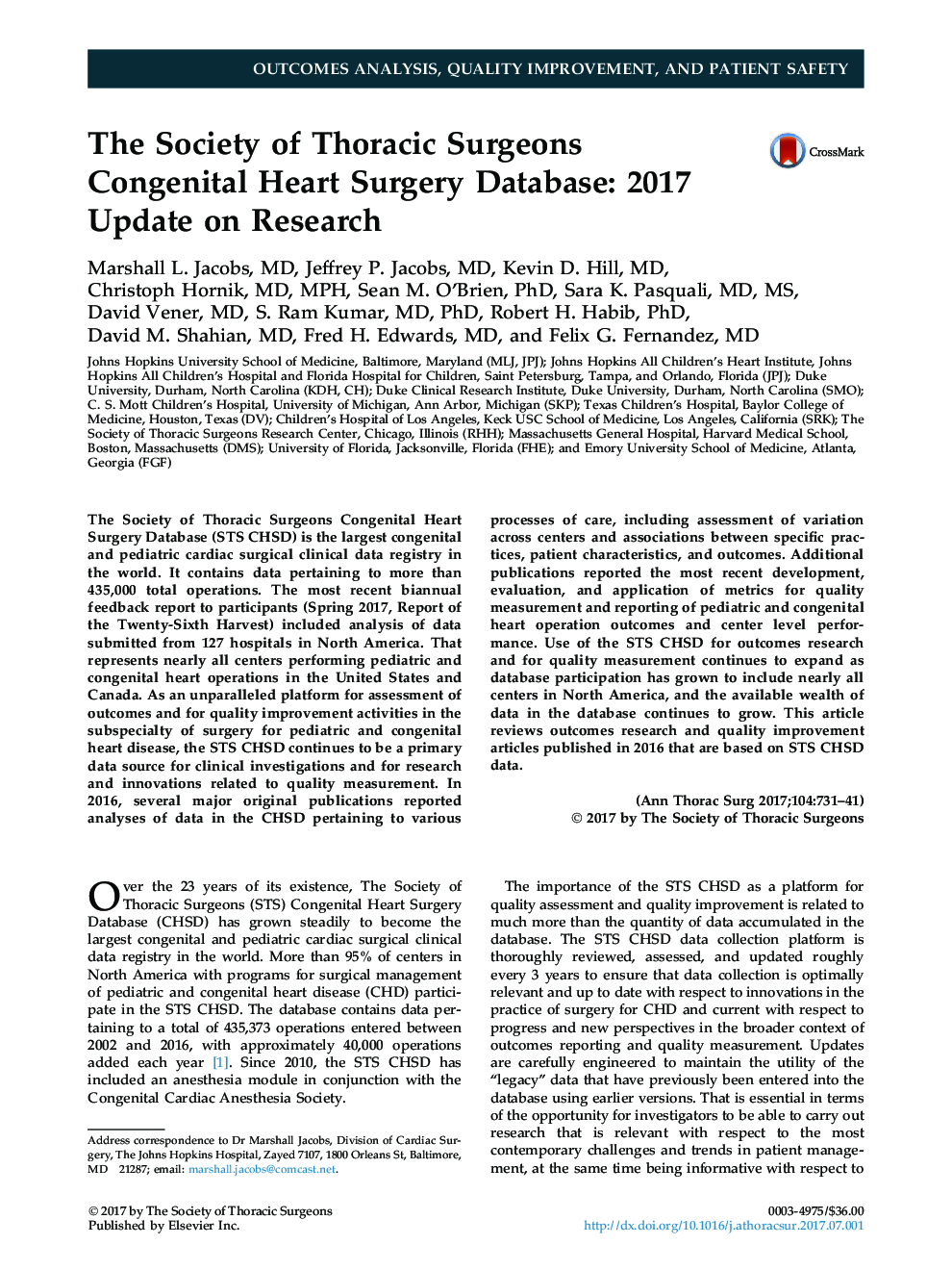 The Society of Thoracic Surgeons CongenitalÂ Heart Surgery Database: 2017 Update on Research