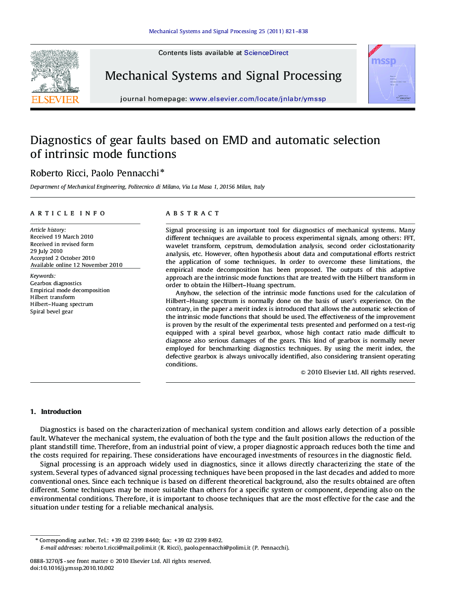 Diagnostics of gear faults based on EMD and automatic selection of intrinsic mode functions