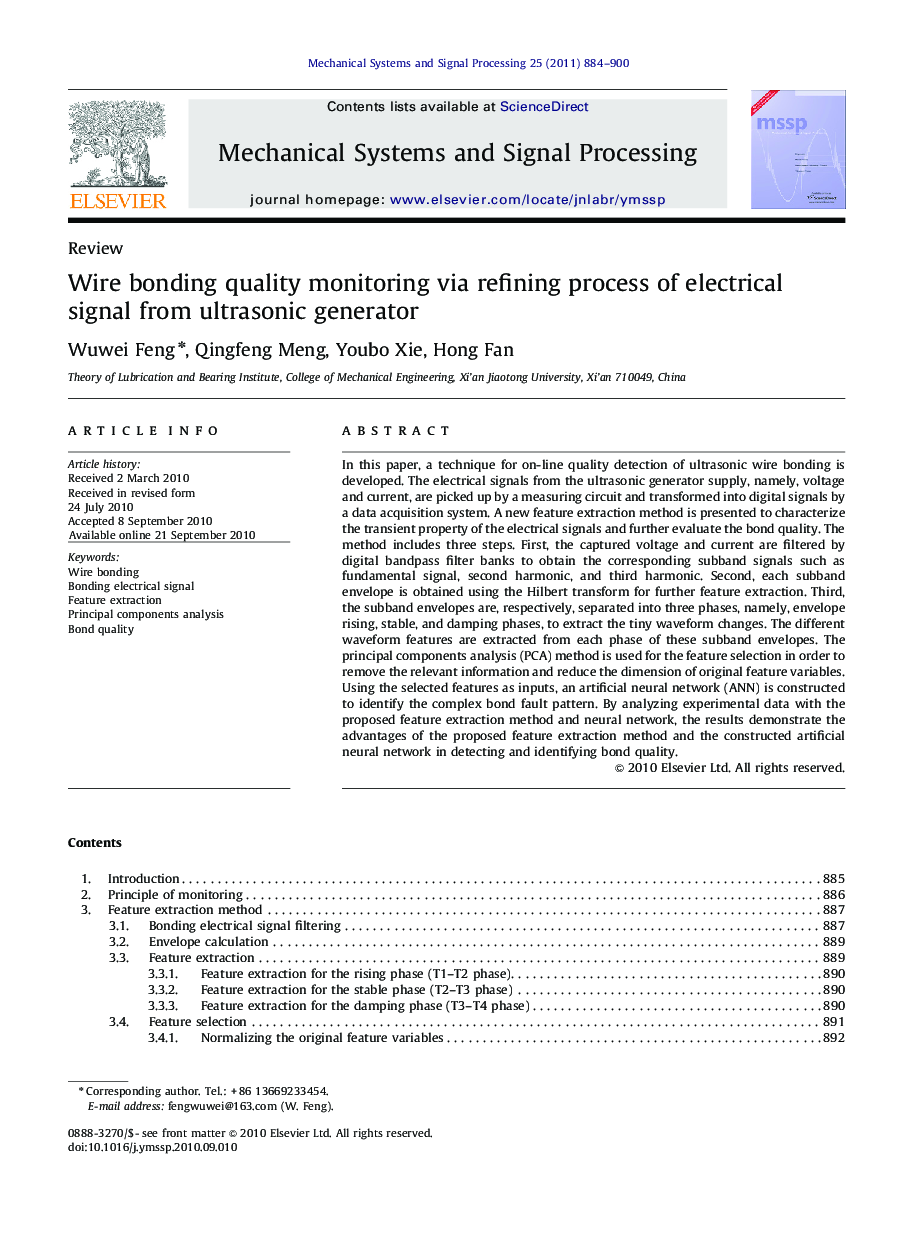 Wire bonding quality monitoring via refining process of electrical signal from ultrasonic generator