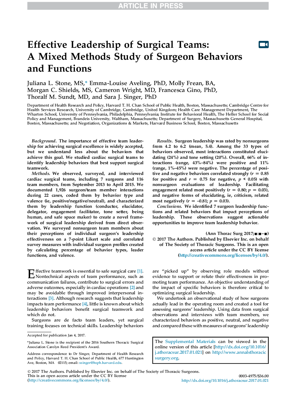 Effective Leadership of Surgical Teams: AÂ Mixed Methods Study of Surgeon Behaviors and Functions