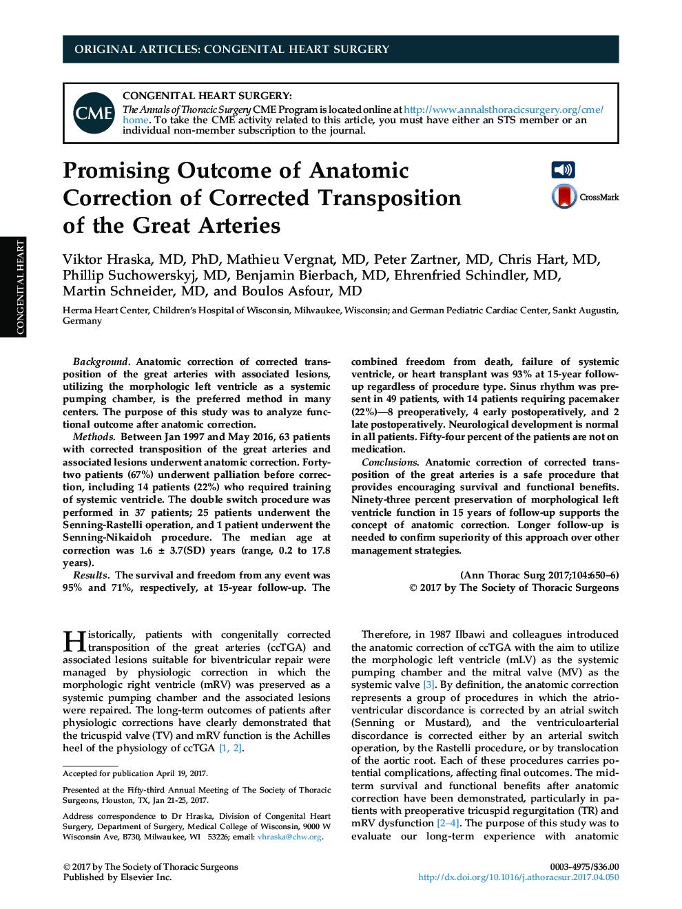 Promising Outcome of Anatomic Correction of Corrected Transposition of the Great Arteries