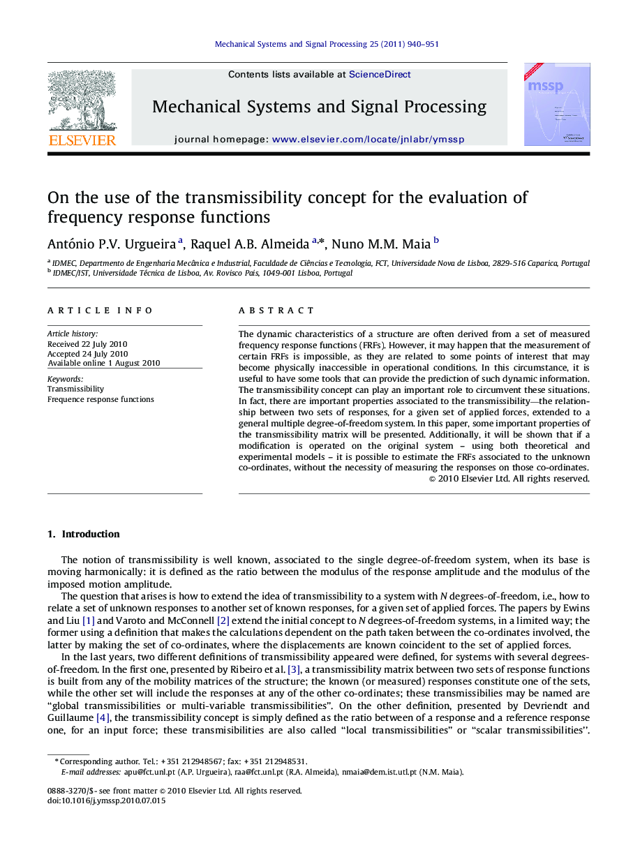 عکس صفحه اول مقاله: On the use of the transmissibility concept for the evaluation of frequency response functions On the use of the transmissibility concept for the evaluation of frequency response functions