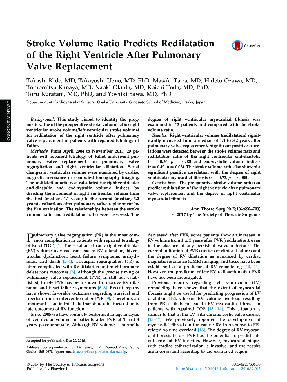 Stroke Volume Ratio Predicts Redilatation of the Right Ventricle After Pulmonary Valve Replacement