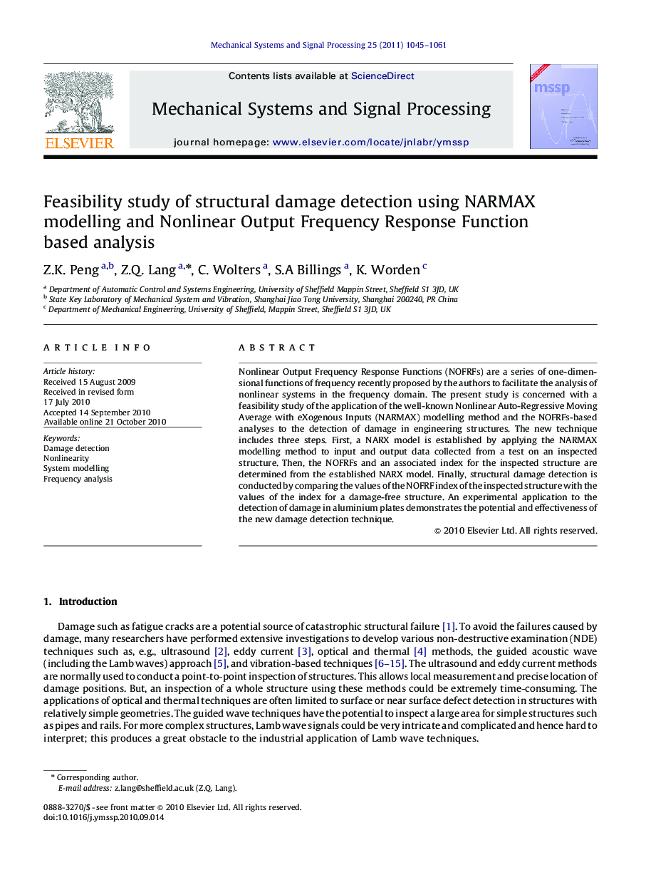 Feasibility study of structural damage detection using NARMAX modelling and Nonlinear Output Frequency Response Function based analysis