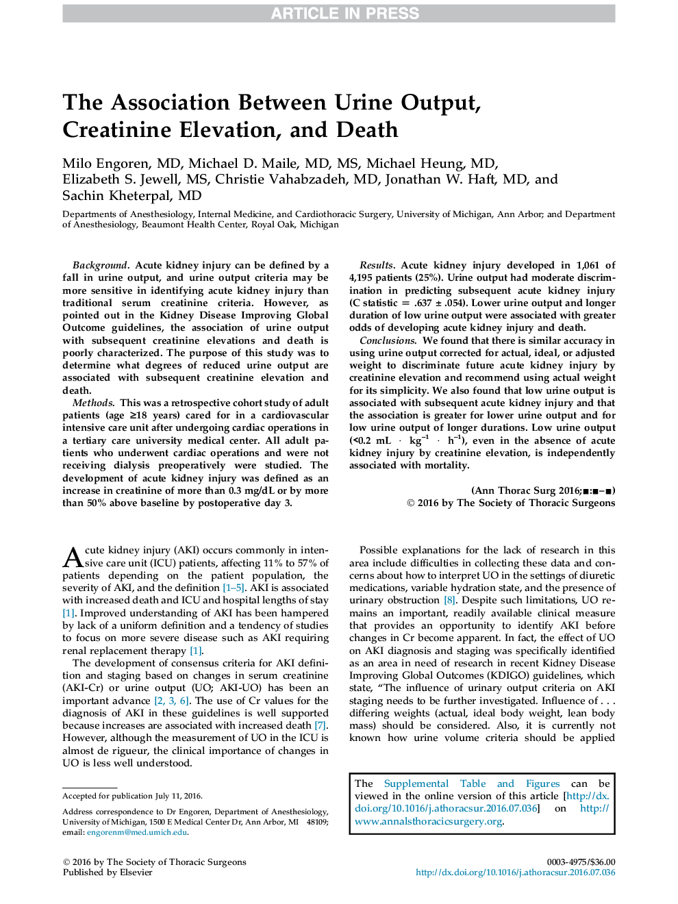 The Association Between Urine Output, Creatinine Elevation, and Death