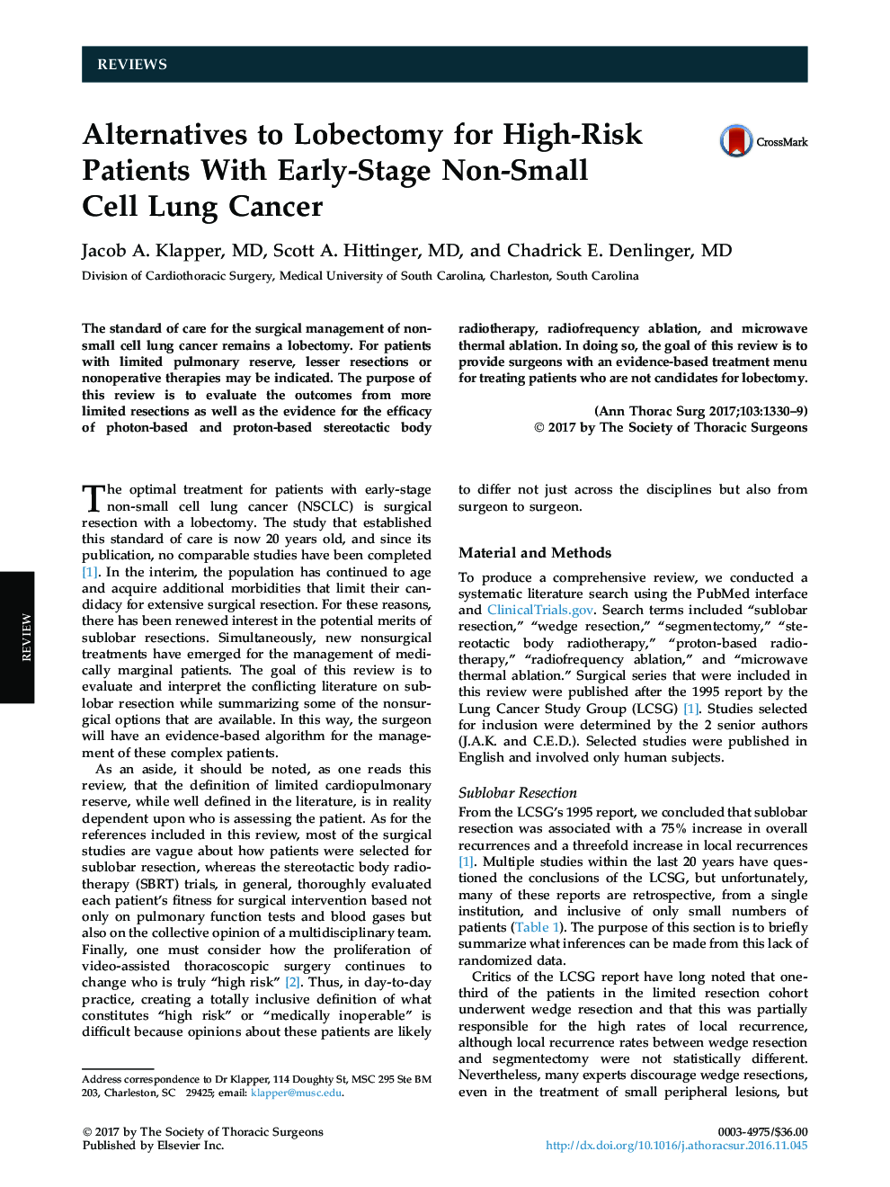 Alternatives to Lobectomy for High-Risk Patients With Early-Stage Non-Small CellÂ Lung Cancer
