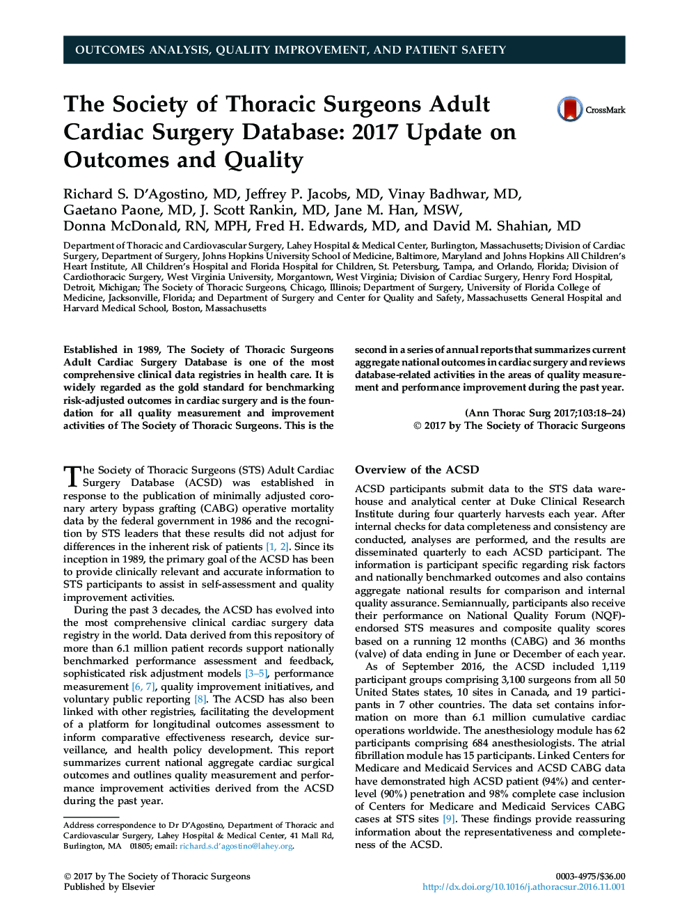 Outcomes analysis, quality improvement, and patient safetyThe Society of Thoracic Surgeons Adult Cardiac Surgery Database: 2017 Update on Outcomes and Quality