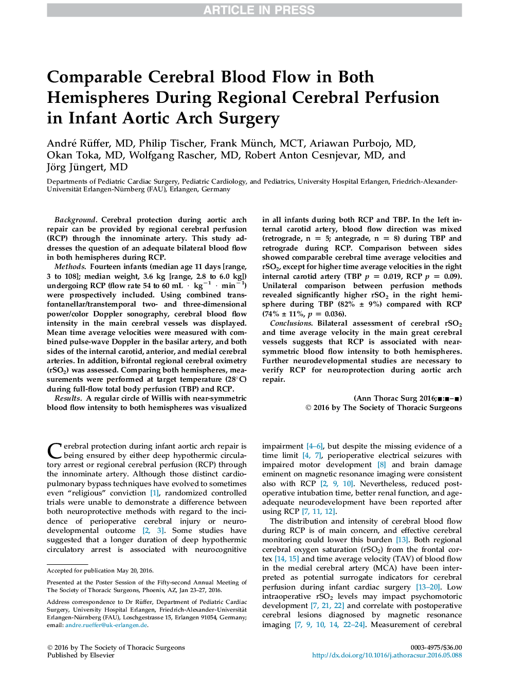 Comparable Cerebral Blood Flow in Both Hemispheres During Regional Cerebral Perfusion in Infant Aortic Arch Surgery