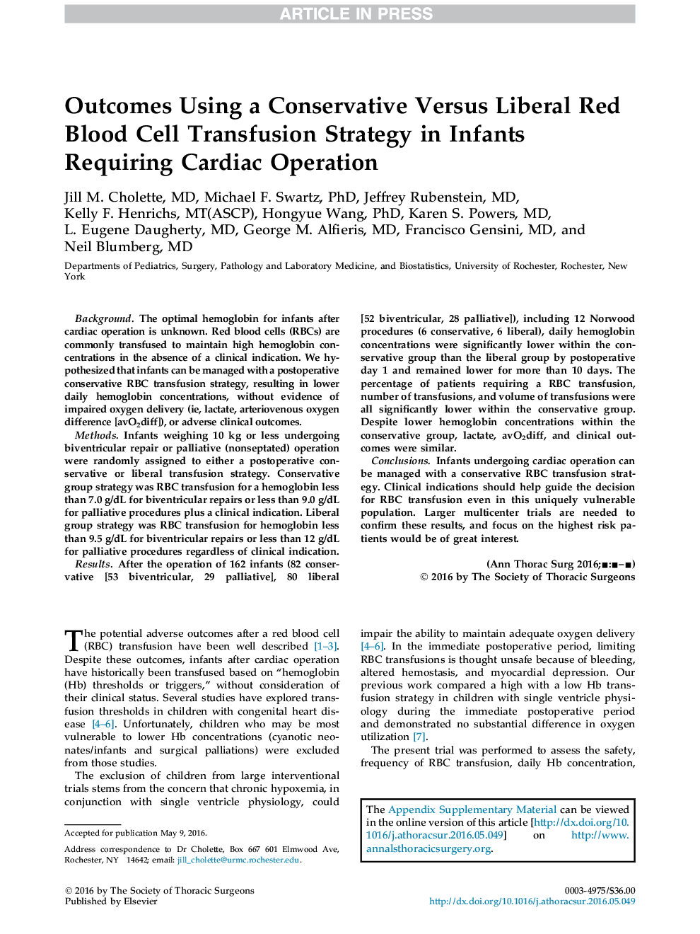 Outcomes Using a Conservative Versus Liberal Red Blood Cell Transfusion Strategy in Infants Requiring Cardiac Operation