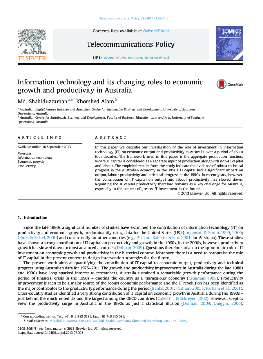 Information technology and its changing roles to economic growth and productivity in Australia