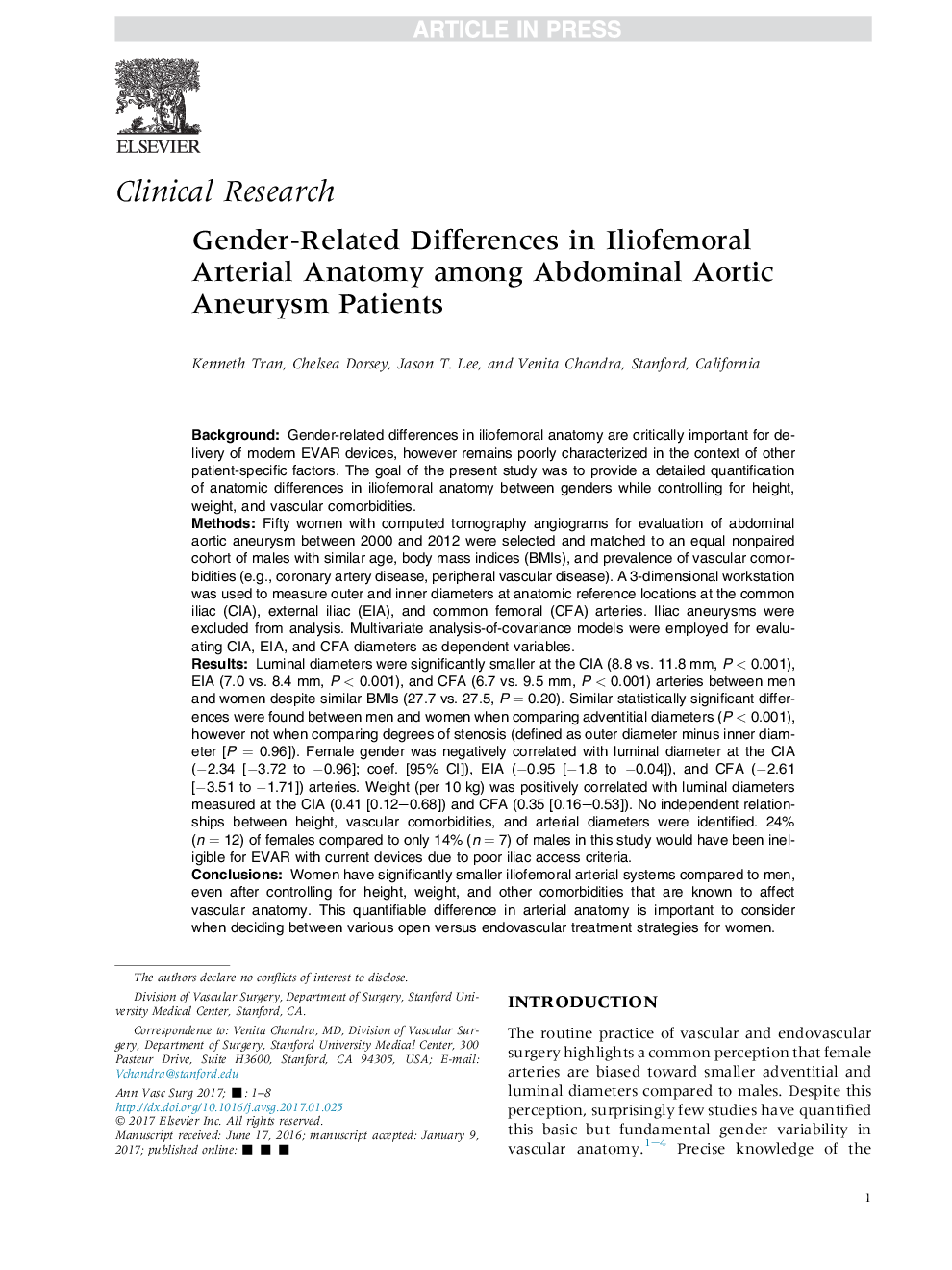 Gender-Related Differences in Iliofemoral Arterial Anatomy among Abdominal Aortic Aneurysm Patients