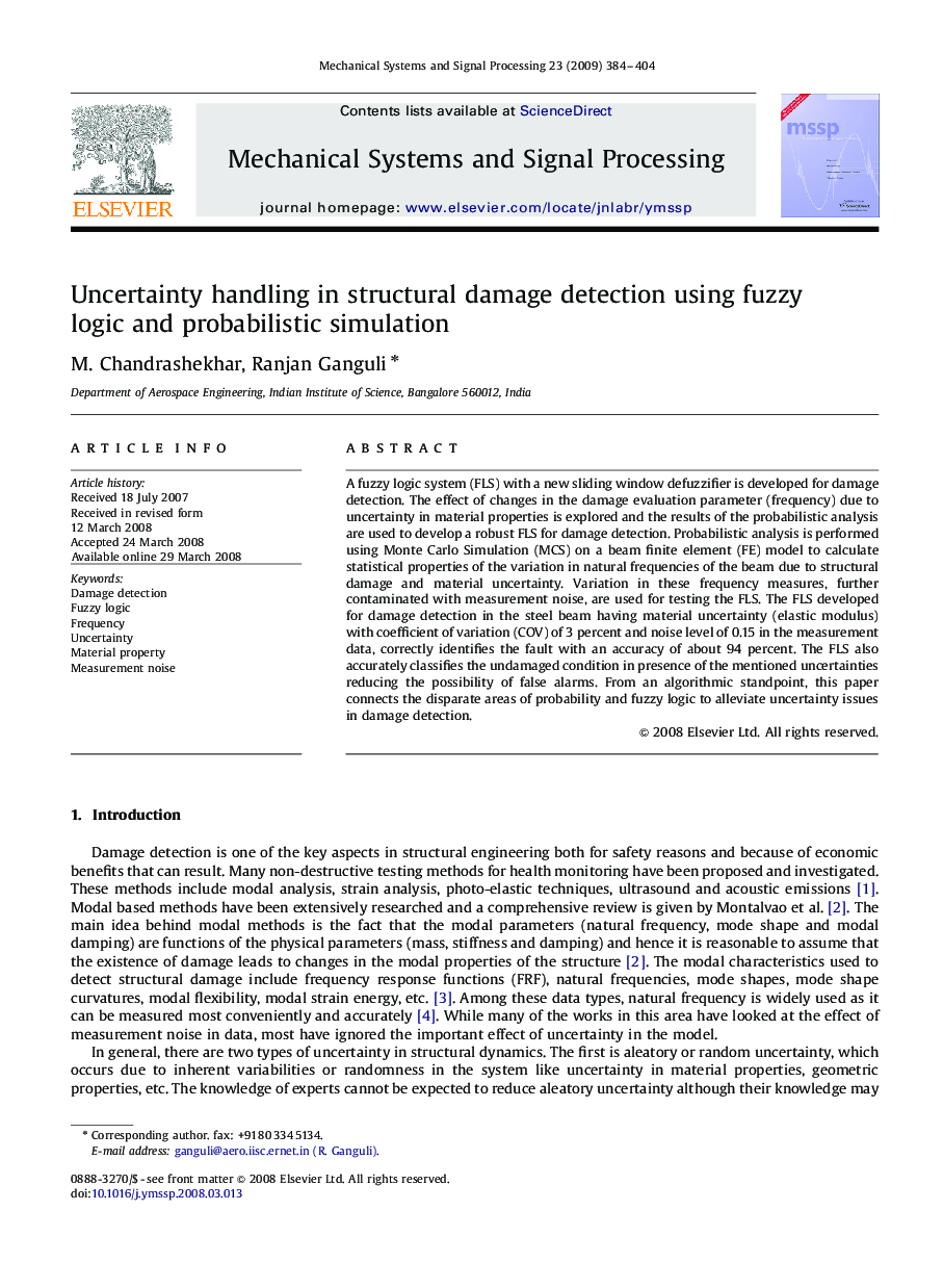 Uncertainty handling in structural damage detection using fuzzy logic and probabilistic simulation