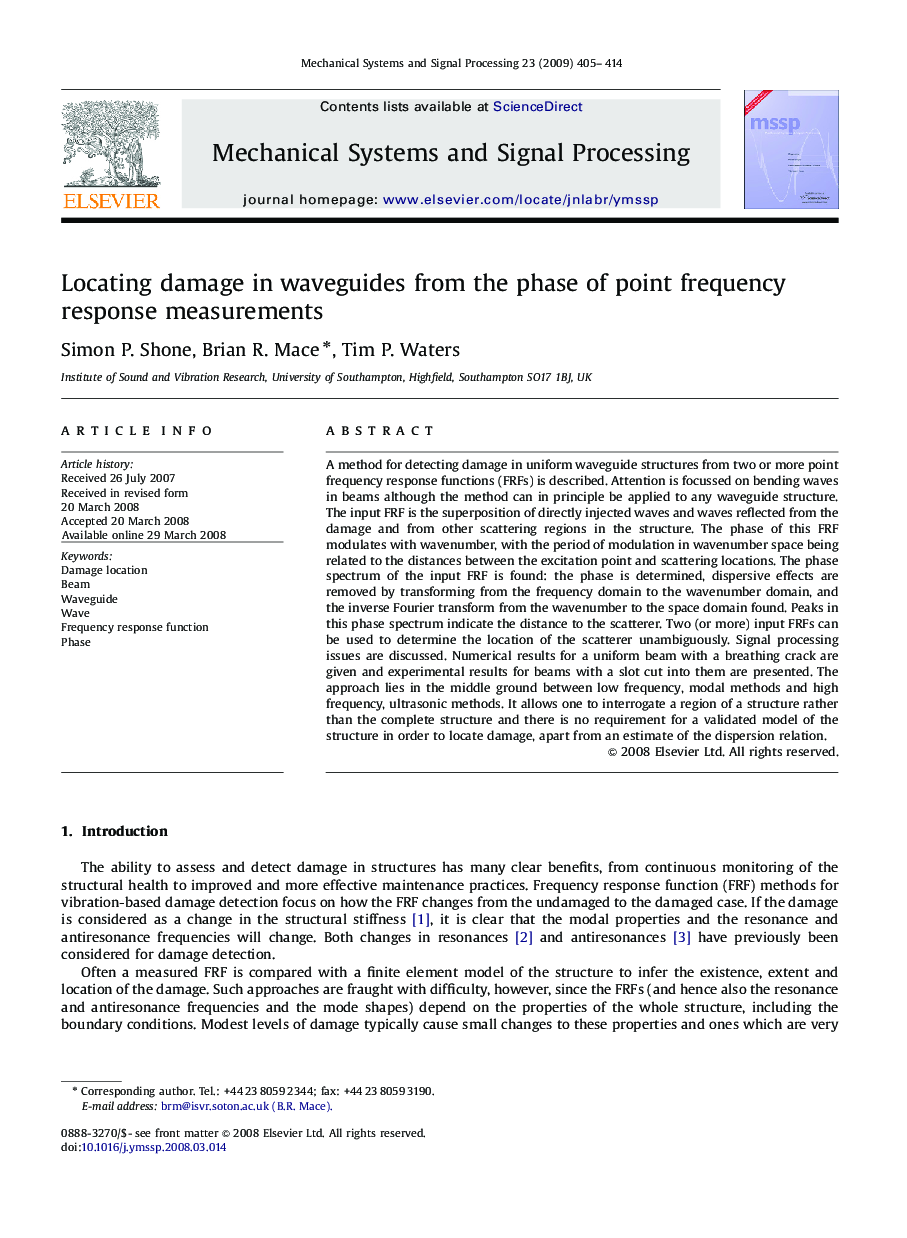 Locating damage in waveguides from the phase of point frequency response measurements