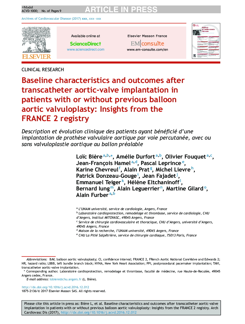 Baseline characteristics and outcomes after transcatheter aortic-valve implantation in patients with or without previous balloon aortic valvuloplasty: Insights from the FRANCE 2 registry