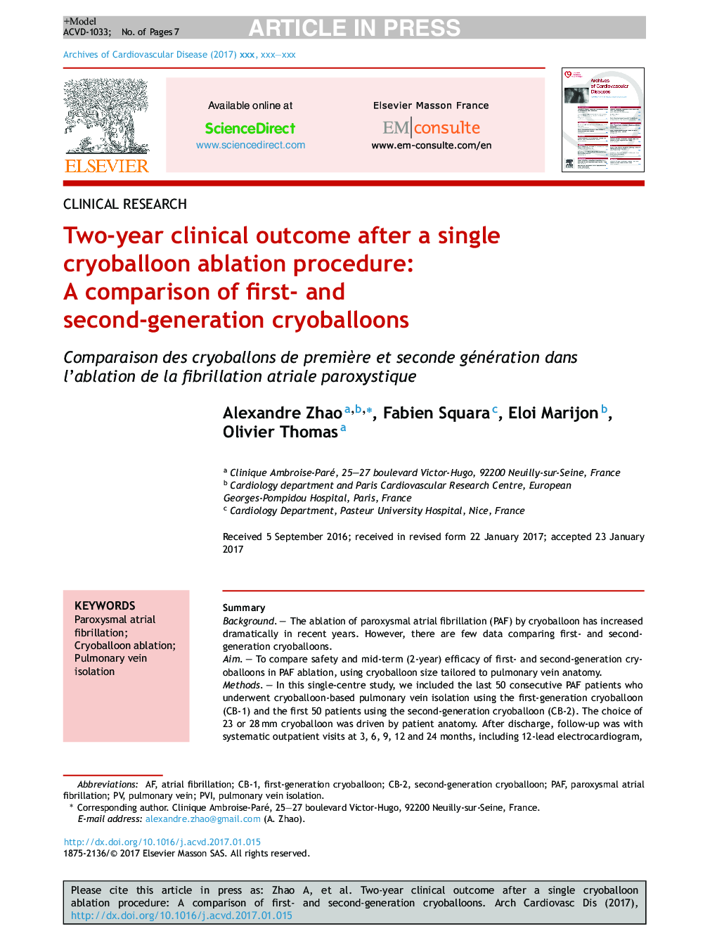 Two-year clinical outcome after a single cryoballoon ablation procedure: A comparison of first- and second-generation cryoballoons