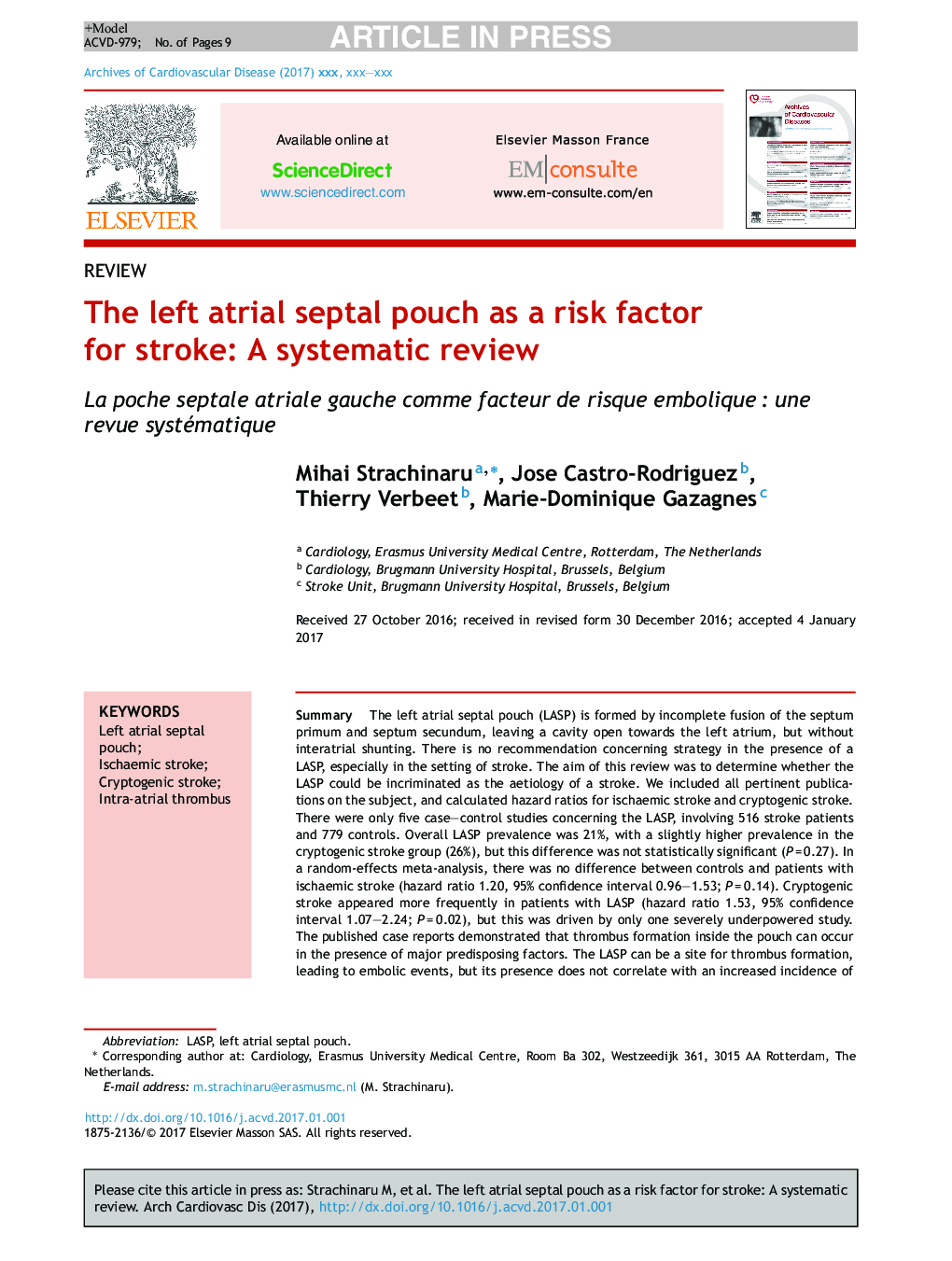 The left atrial septal pouch as a risk factor for stroke: A systematic review