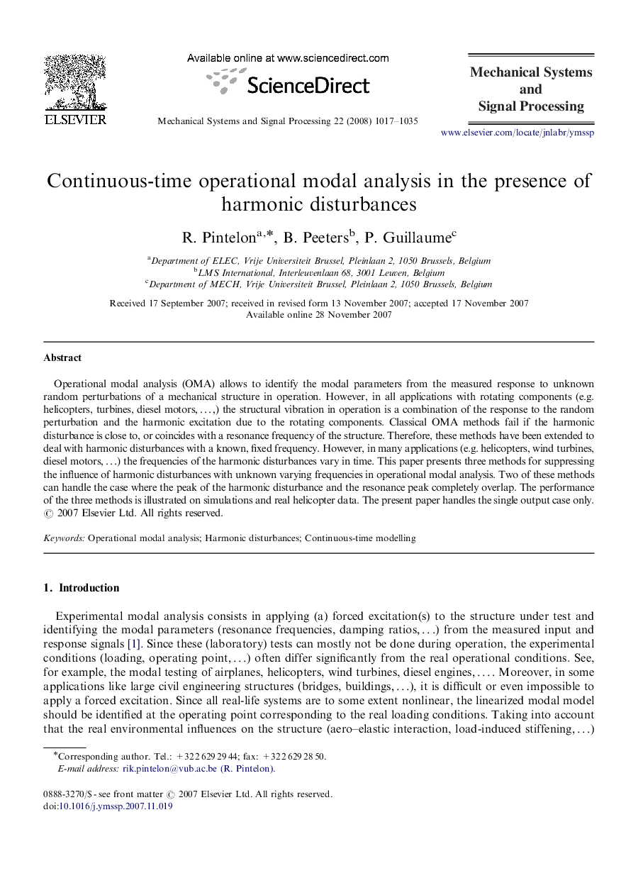 Continuous-time operational modal analysis in the presence of harmonic disturbances